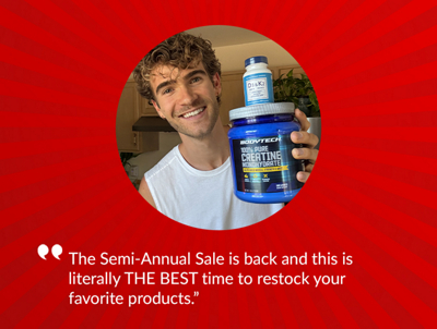 Red banner with young man holding supplements