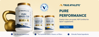 True Athlete Pure Grass-Fed Whey Protein Isolate, Clonapure Creatine, and Pure ATP supplement containers displayed beside a metallic gold kettlebell against a soft cream and pale gold background.