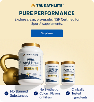 True Athlete Pure Grass-Fed Whey Protein Isolate, Clonapure Creatine, and Pure ATP supplement containers displayed beside a metallic gold kettlebell against a soft cream and pale gold background.