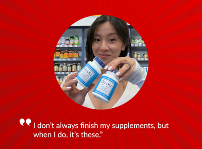 Red banner with white text and woman holding two supplement bottles