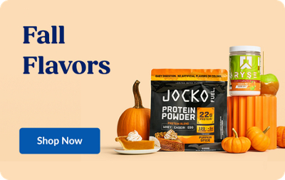 Fall Flavors. Shop Now. Jocko Fuel and Ryse items with pumpkins in the background.