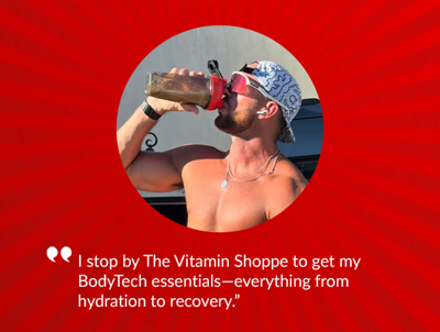 Red banner with white text and man drinking from shaker cup