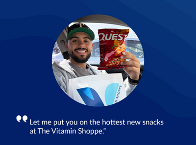 Blue banner with white text and man holding bag of chips