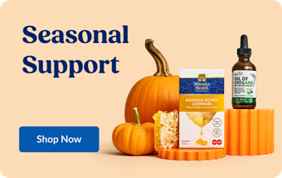 Seasonal Support. Shop Now. Manuka Health and Nutri items with pumpkins in the background.