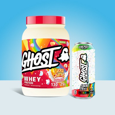 One GHOST Whey  Protein Lucky Charms and Can of GHOST Sour Strips