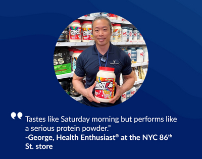 Blue banner with white text and man holding protein powder