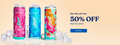 Buy One, Get One 50% OFF Alani Nu drinks. Shop Now.  Alani Nu Energy drinks in Pink Slush, Blue Slush, and Sherbet Swirl flavors, 0g sugar, 12 fl oz.