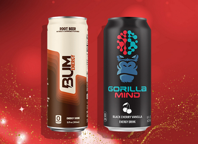 One BUM Energy drink and one Gorilla Mind drink