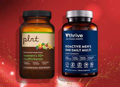 One plnt women's multivitamin item and one Vthrive The Vitamin Shoppe men's multivitamin item
