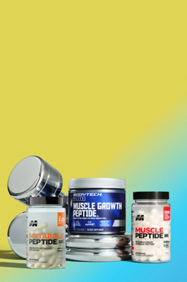 MuscleTech Metabolic Peptide 320, BodyTech Elite Muscle Growth Peptide and MuscleTech Muscle Peptide 185 grouped on a yellow to cyan gradient
