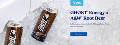 Ghost Energy x A&W Root Beer. Bold, creamy, and packed with 200mg caffeine. Frosty mug not required. Three Ghost drinks on ice