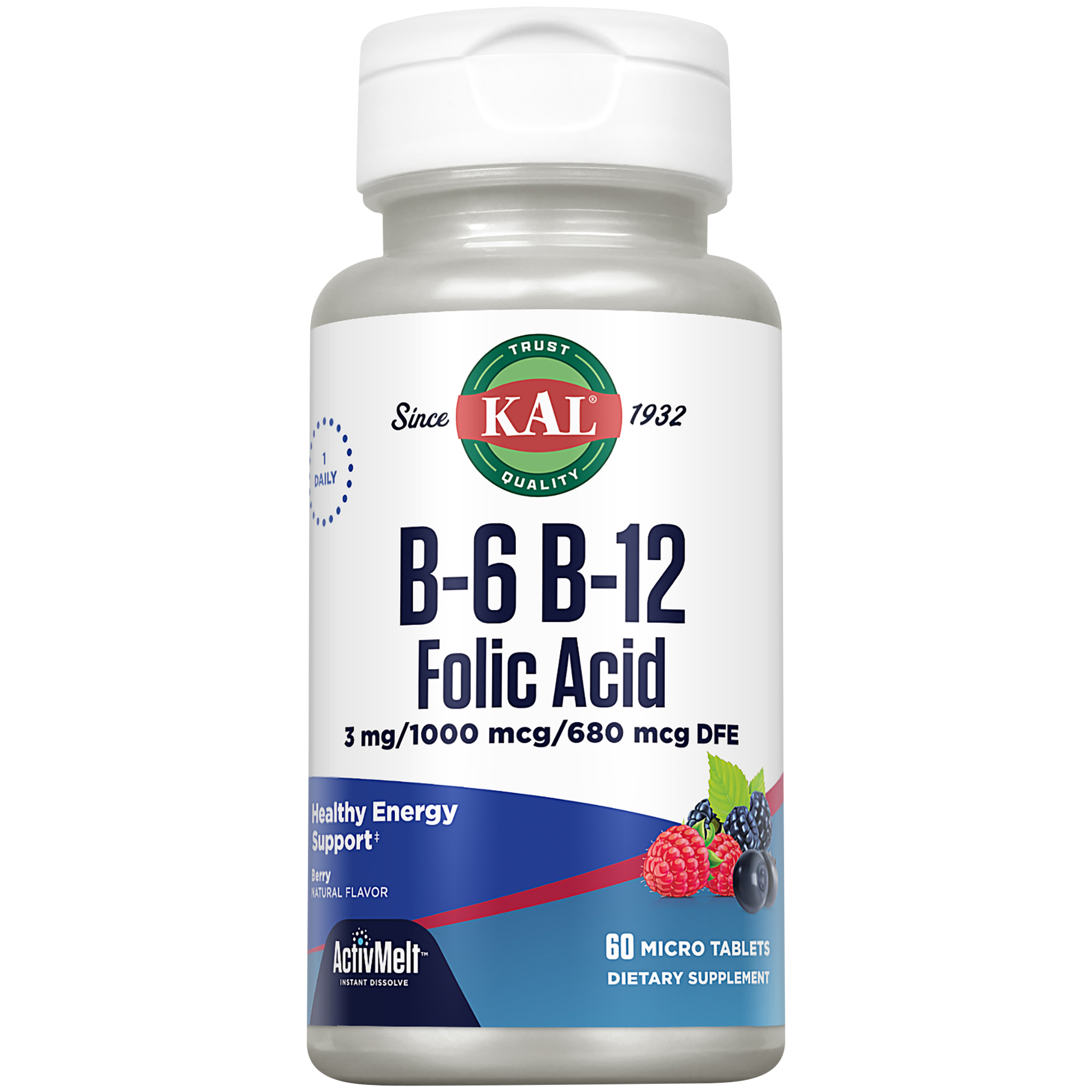 B6 B12  Folic Acid  Instant Dissolve  Natural Berry Flavor 60 Micro Tablets