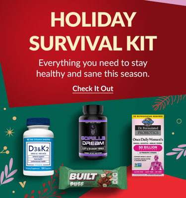 A collection of items from The Vitamin Shoppe Brand, Gorilla Mind, Garden of Life and Built Puff bars with a holiday theme
