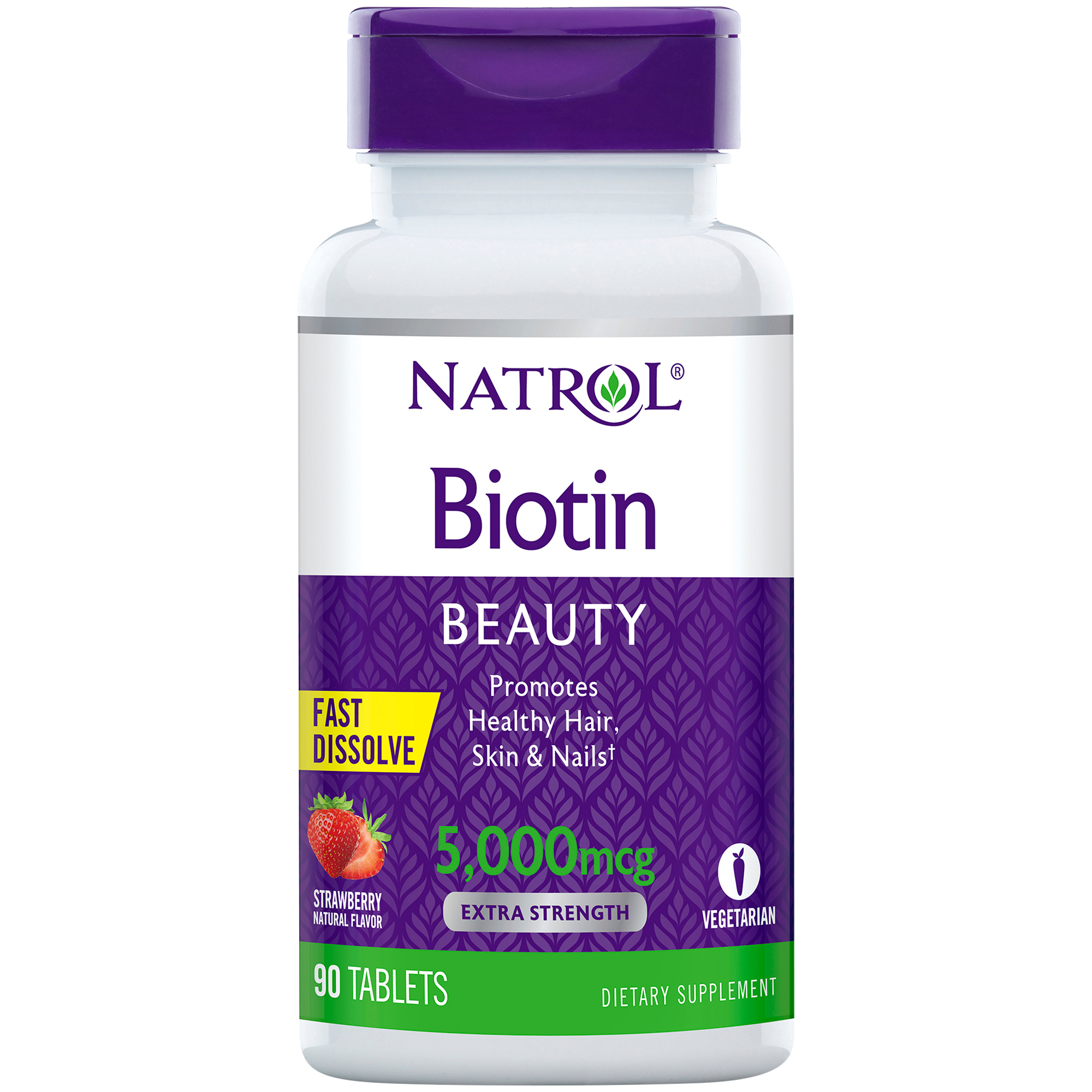 Biotin Fast Dissolve Tablets  Promotes Healthy Hair Skin  Nails  Strawberry  5000 MCG 90 Tablets