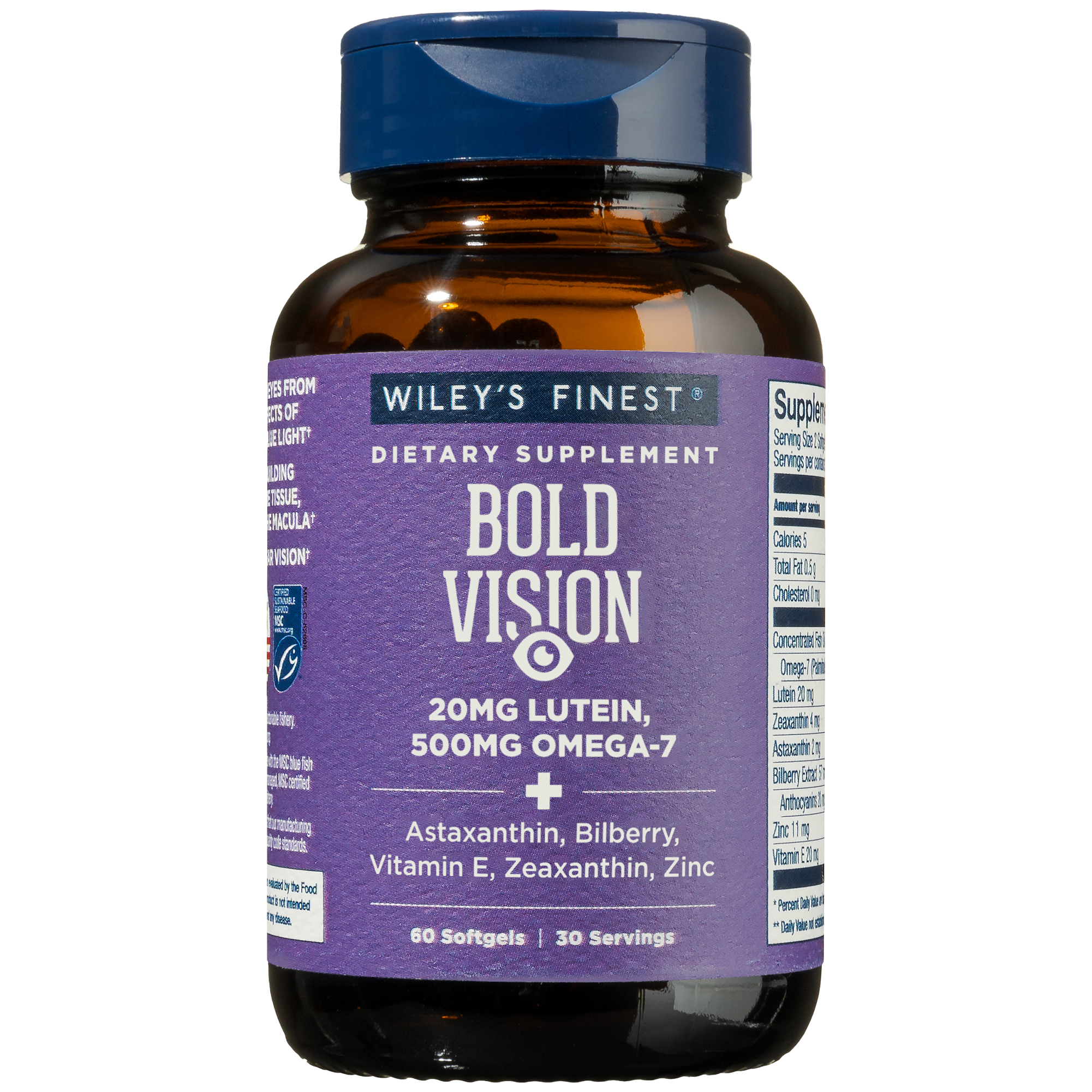 Bold Vision Proactive for Eye Health  20mg of FloraGLO Lutein and 500mg Omega7 60 Softgels
