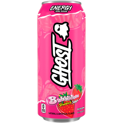 GHOST Energy Drink - Zero Sugar - Bubblicious Strawberry Splash (12 Drinks, 16 Fl Oz. Each)