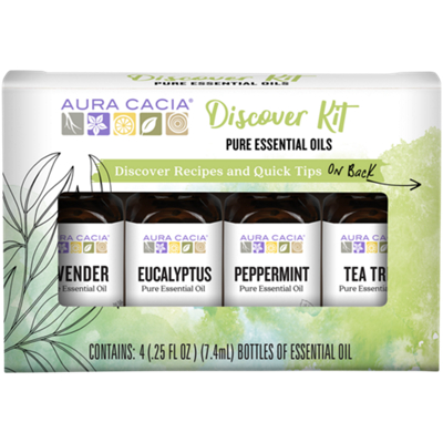Essential Oils Discover Kit with Eucalyptus, Lavender, Peppermint & Tea Tree (4 Bottles / 0.25 Fl. Oz. Each)