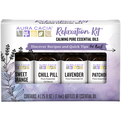 Essential Oils Relaxation Kit with Chill Pill, Lavender, Patchouli & Sweet Orange (4 Bottles / 0.25 Fl. Oz. Each)