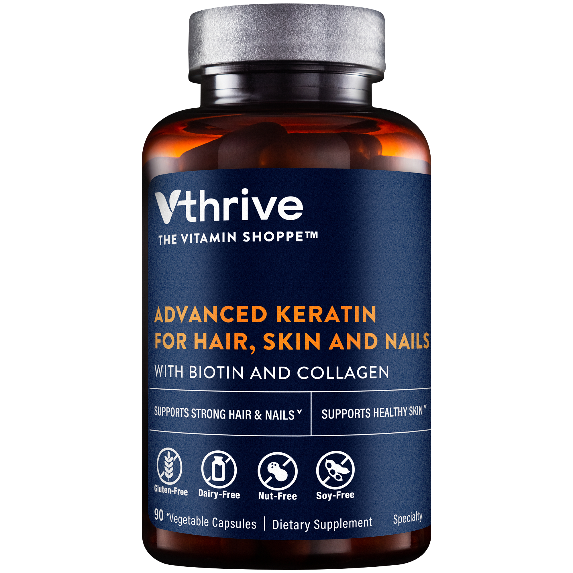 Vthrive Advanced Keratin for Hair, Skin, and Nails with Biotin and Collagen (90 Vegetable Capsules)