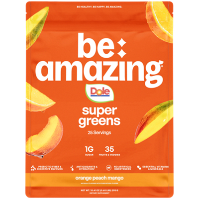 Super Greens Powder - Prebiotic Fiber & Digestive Enzymes - Orange Peach Mango (25 Servings)