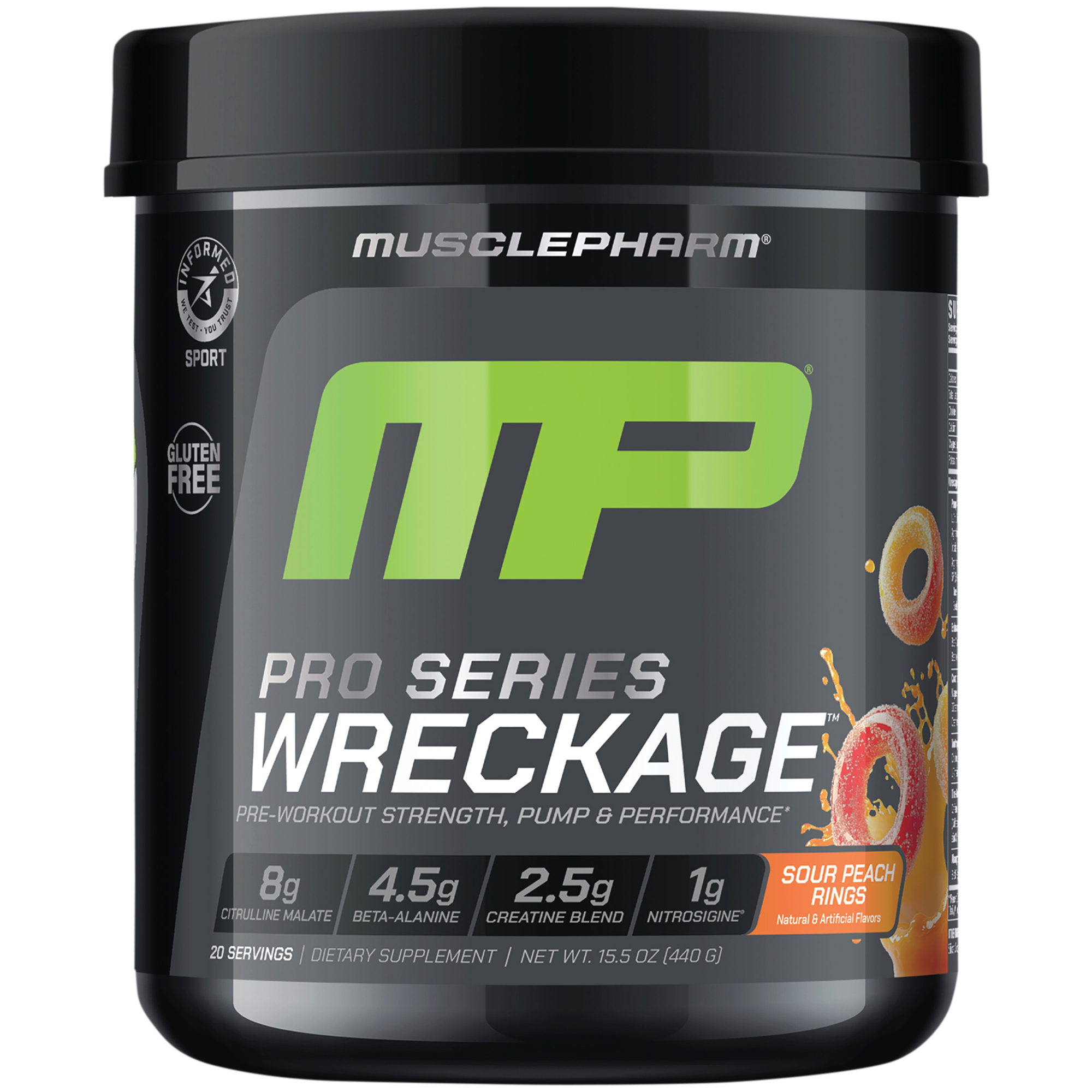 Musclepharm Pro Series WRECKAGE Pre-Workout Powder with 2.5g Creatine Blend - Sour Peach Rings (20 Servings)