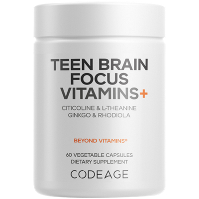 Teen Brain Focus Vitamins + with Citicoline, L Theanine, Gingko & Rhodiola (60 Vegetable Capsules)