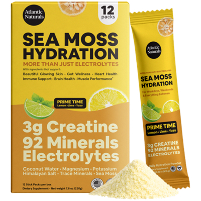 Sea Moss Hydration - 3g Creatine & 92 Minerals Electrolytes - Lemon, Lime, Yuzu (12 Stick Packs/7.8 oz.)
