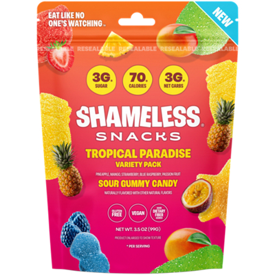 Sour Gummy Candy with 3g Sugar - Tropical Paradise Variety Pack (6 Single Serving Packets)