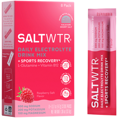 Daily Electrolyte Drink Mix + Sports Recovery - L-Glutamine + Vitamin B12 - Raspberry Salt (0.17 oz./8 Stick Packs)