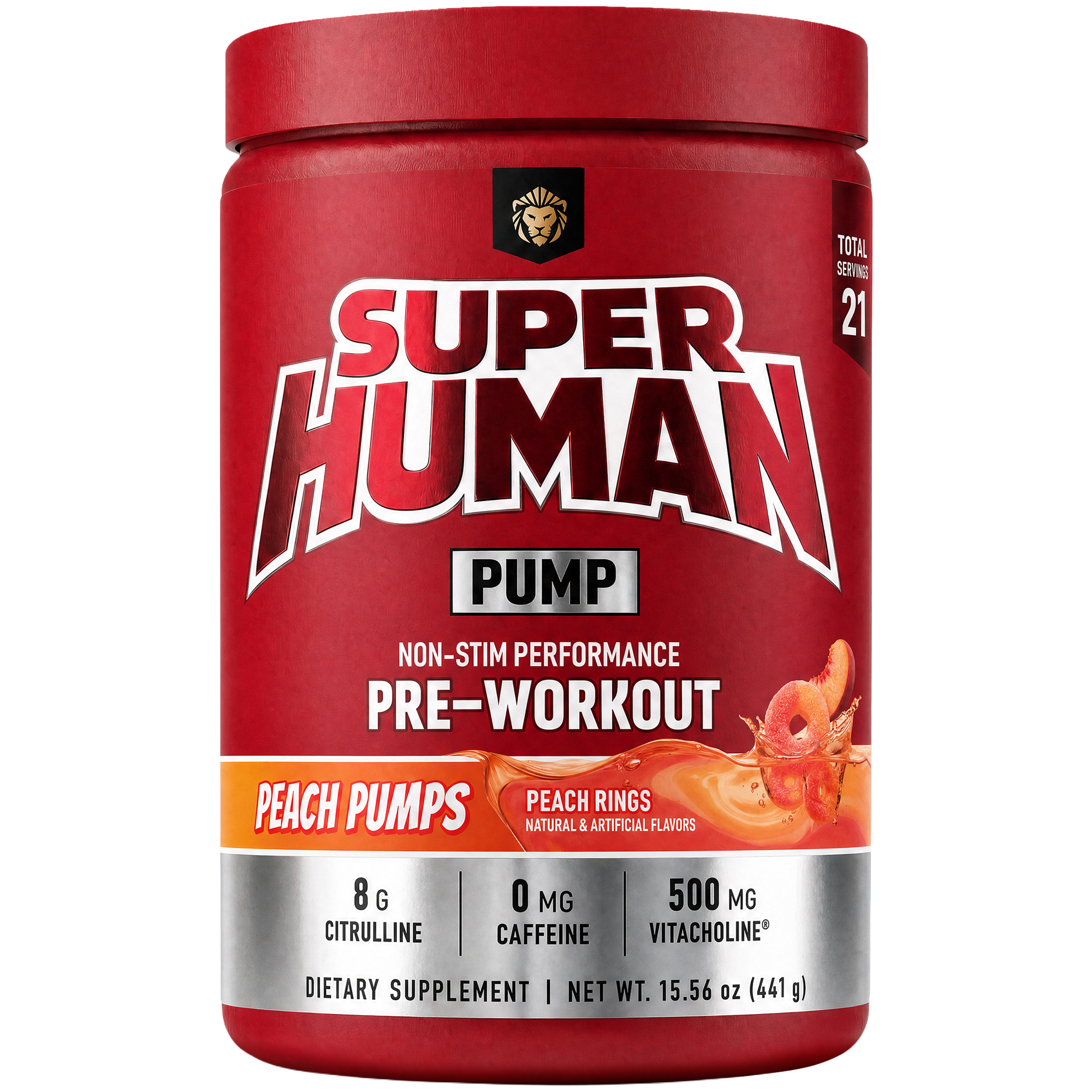 Alpha Lion Super Human Pump - Pre-Workout - Peach Pumps - Peach Rings (15.56 oz./21 Servings)