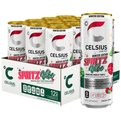 Celsius Live Fit Sparkling Energy Drink - No Sugar - Sparkling Shirley Temple Winter Edition (12 Drinks, 12 Fl Oz. Each)