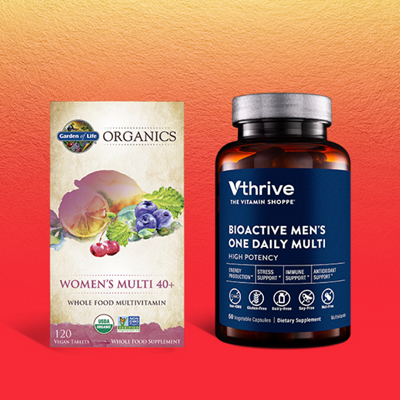 One Garden of Life Women's multi and One Vthrive The Vitamin Shoppe Men's multi