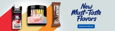 Jocko Protein shake drink, Animal Creatine Chews, and Built Puff bar