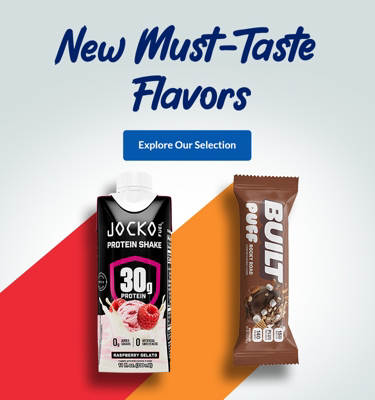 Jocko Protein shake drink, Animal Creatine Chews, and Built Puff bar