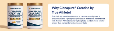 Yellow and White Banner with blue text featuring True Athlete Clonapure Creatine products