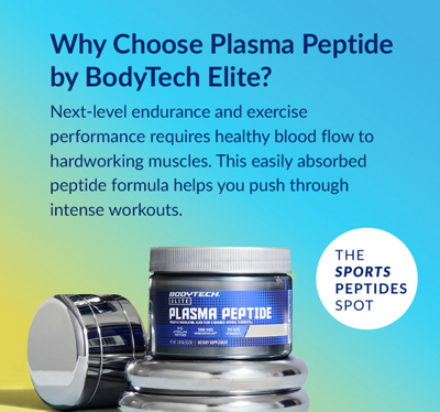Yellow and Blue Banner with blue text featuring BodyTech Plasma Peptide product