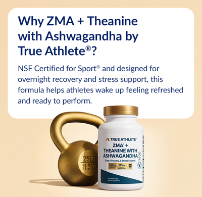 Light Orange Banner with blue text showing a bottle of ZMA Theanine product next to a gold dumbbell