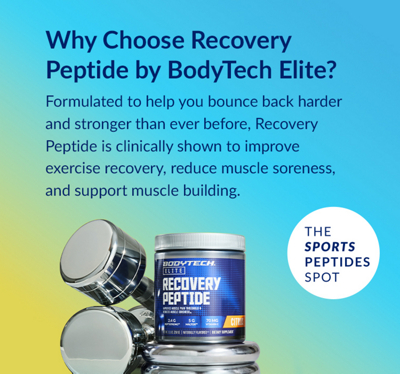 Yellow and Blue Banner with blue text featuring BodyTech Recovery Peptide product and two dumbbells