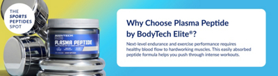 Yellow and Blue Banner with blue text featuring BodyTech Plasma Peptide product