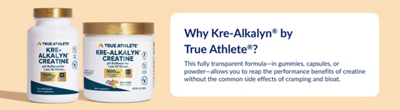 Light Orange and White banner with blue text featuring two True Athlete Kre Alkalyn products