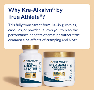 Light Orange and White banner with blue text featuring two True Athlete Kre Alkalyn products