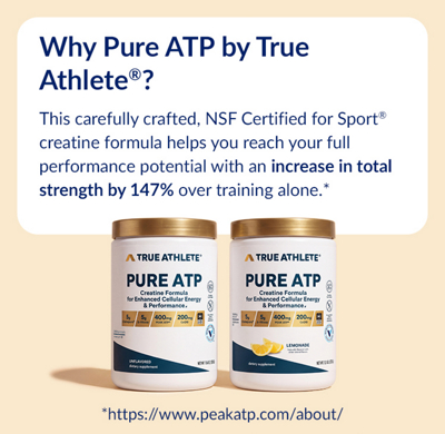 Light Orange Banner with blue text showing side by side bottle of Pure ATP products