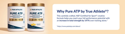Light Orange Banner with blue text showing side by side bottle of Pure ATP products