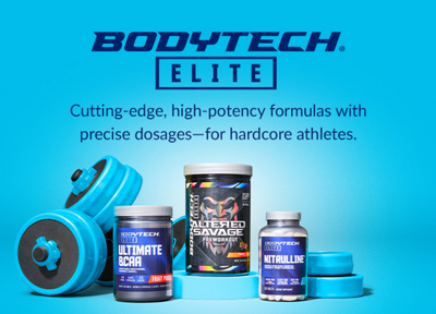 Light blue background with BodyTech Elite brand logo.