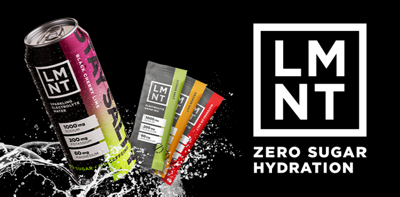 Black banner with white text showing a drink can and stick packs splashing in water