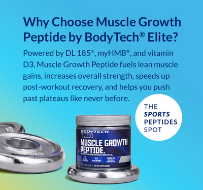 Yellow and Blue Banner with blue text featuring BodyTech Elite Muscle Growth Peptide product