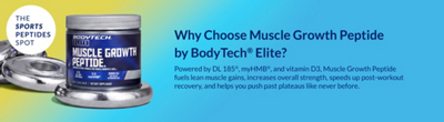 Yellow and Blue Banner with blue text featuring BodyTech Elite Muscle Growth Peptide product
