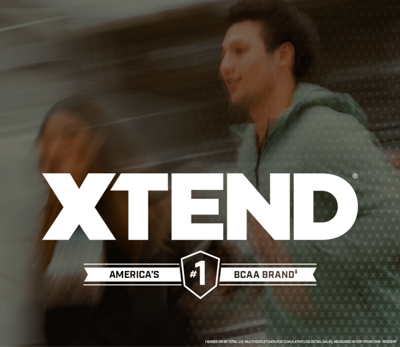 Multi colored XTEND banner showing two people running in background