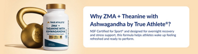 Light Orange Banner with blue text showing a bottle of ZMA Theanine product next to a gold dumbbell